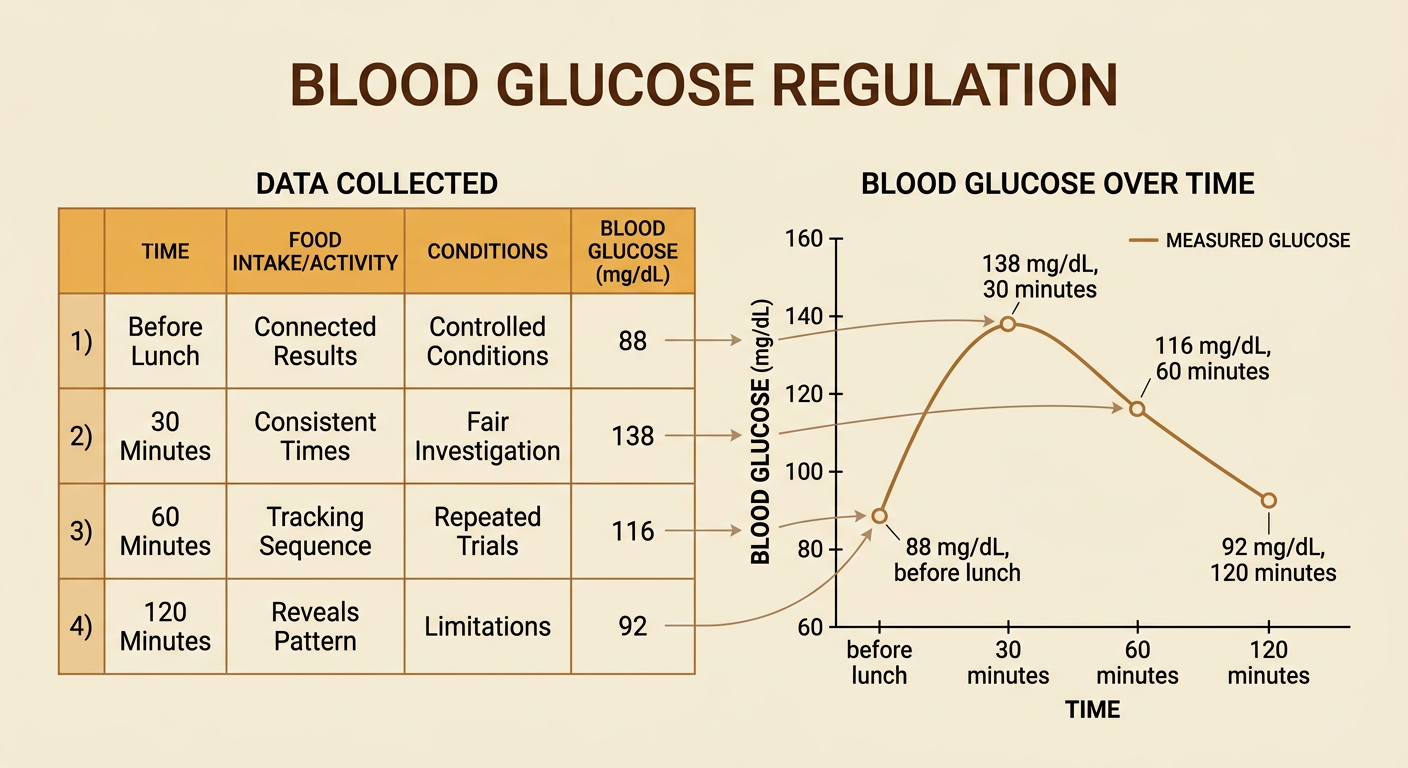 A table and line plot show an anonymous participant's four blood-glucose measurements before and after lunch.