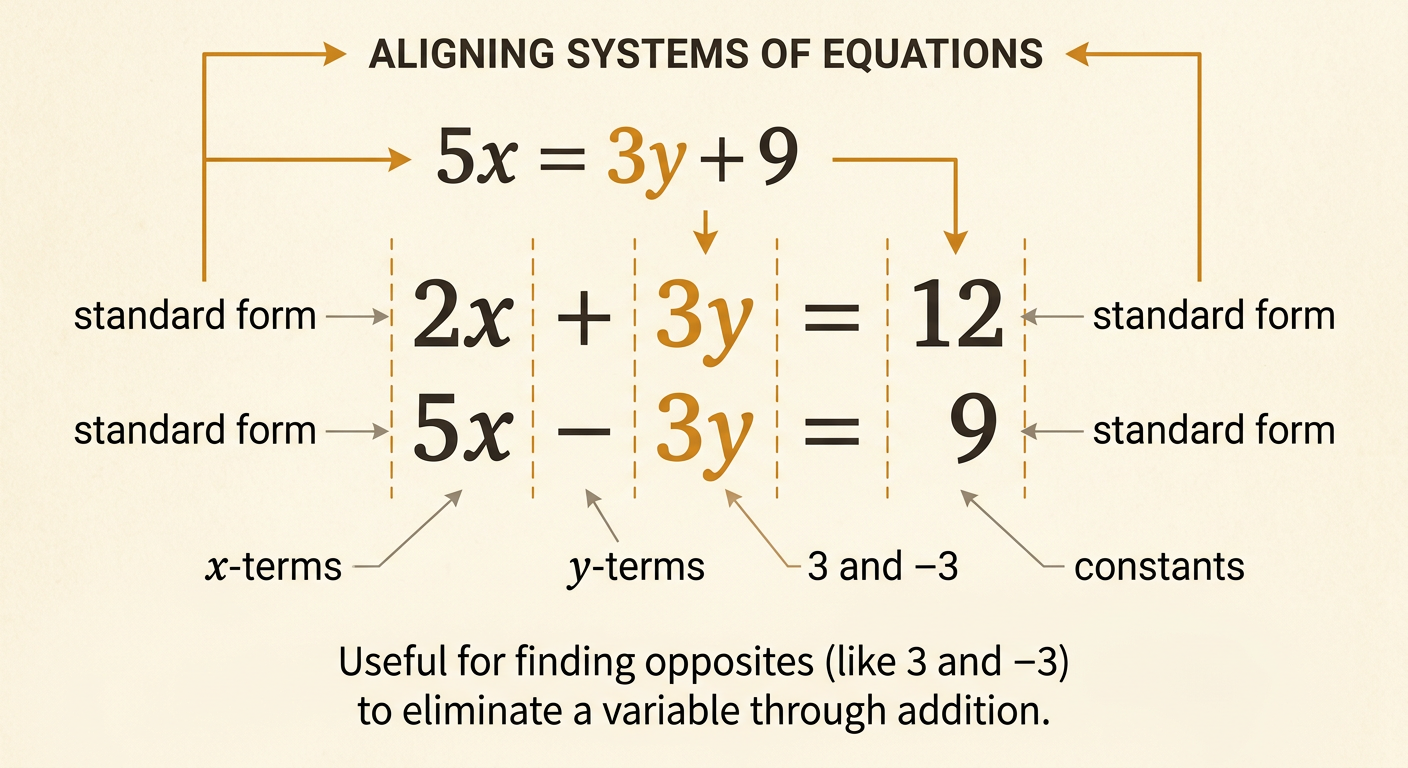 Two equations in standard form are stacked vertically with matching x, y, and constant columns highlighted.