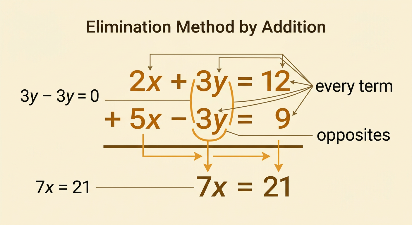 A vertical addition of the two equations shows the y-terms canceling and the resulting equation 7x = 21.