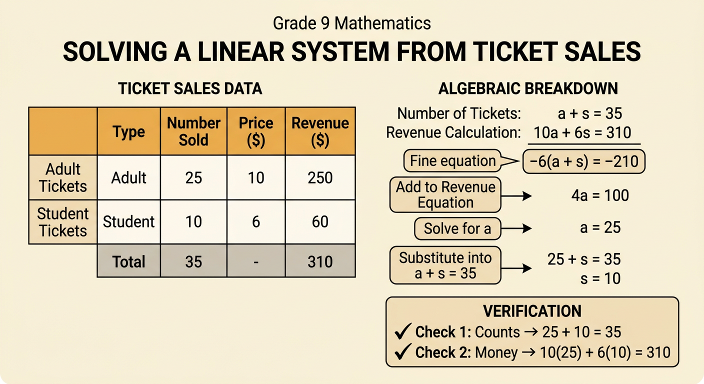 A school ticket-sales diagram shows the two equations, elimination of the student-ticket variable, and the verified adult and student ticket totals.