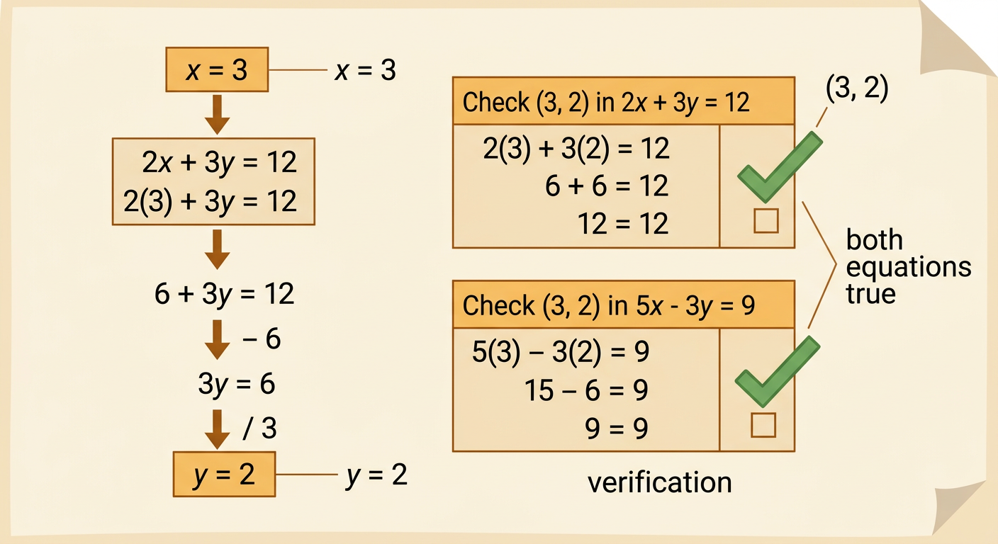 A substitution chain finds y = 2, followed by a two-row verification table confirming (3, 2) in both original equations.