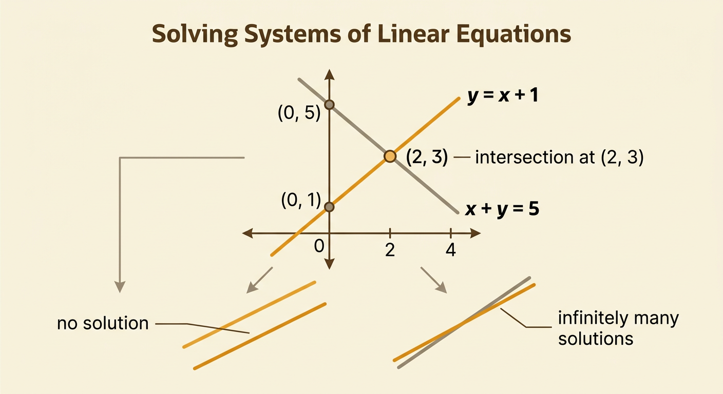 A coordinate graph shows two labeled lines crossing at the solution point (2, 3), with small examples of parallel and identical lines beside it.