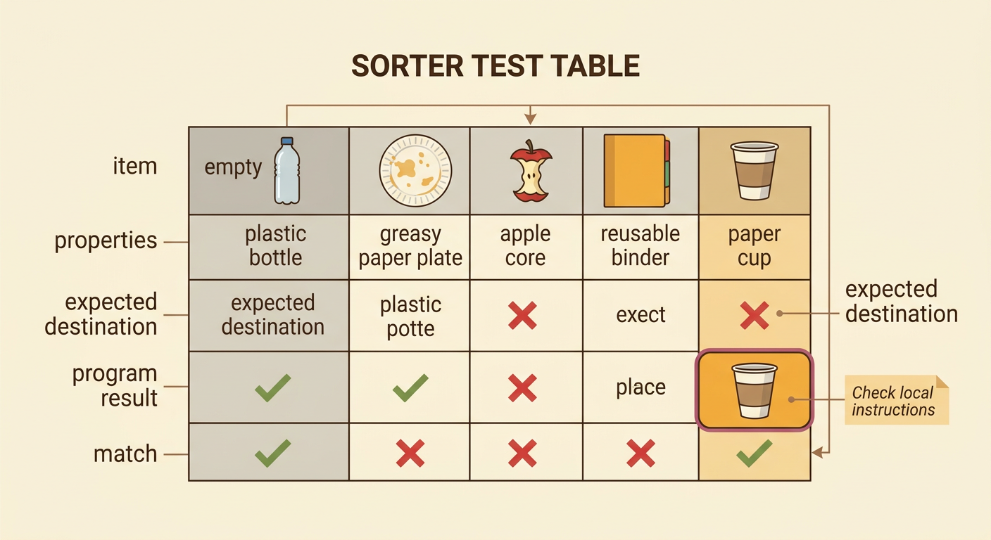 A test table compares several classroom items by expected destination, program result, and match.