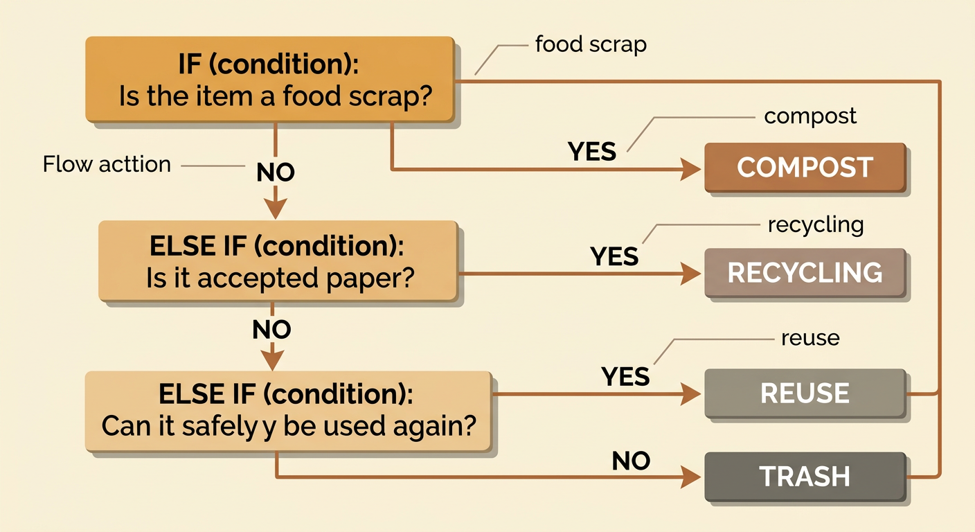 A simple rule diagram sends an item to compost, recycling, reuse, or trash based on ordered questions.