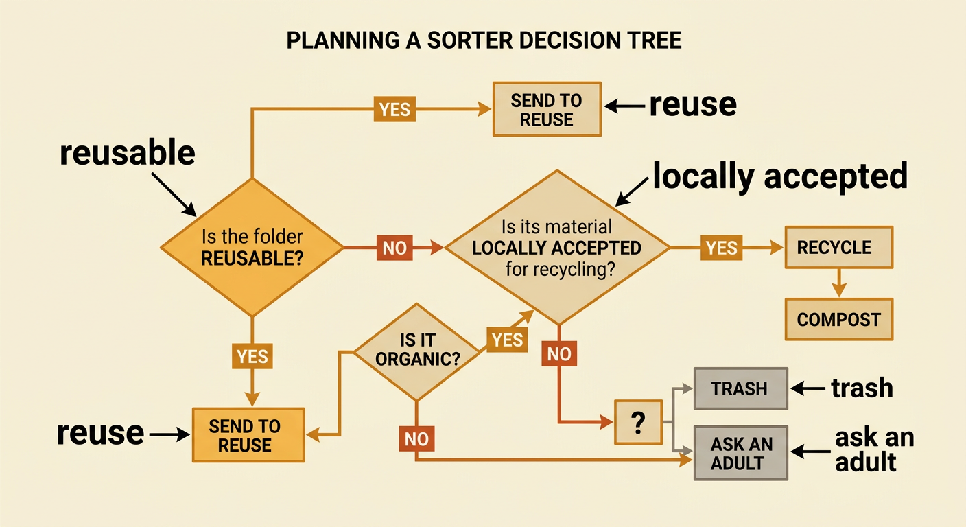 A decision tree checks whether a folder is reusable and locally accepted before choosing a destination.