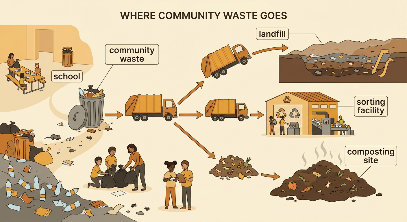 A collection truck carries cafeteria waste toward different community waste destinations.