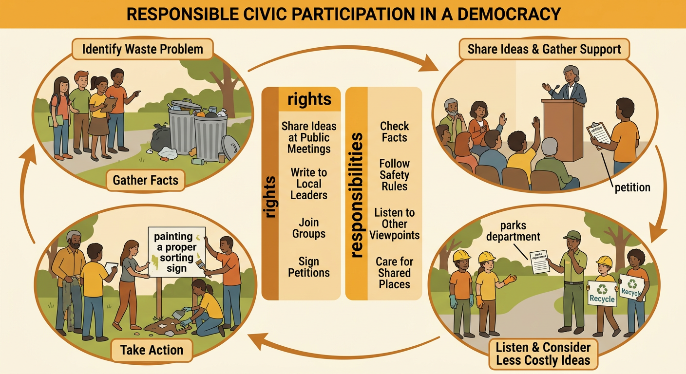 Children and adults discuss overflowing park trash cans and possible civic actions.