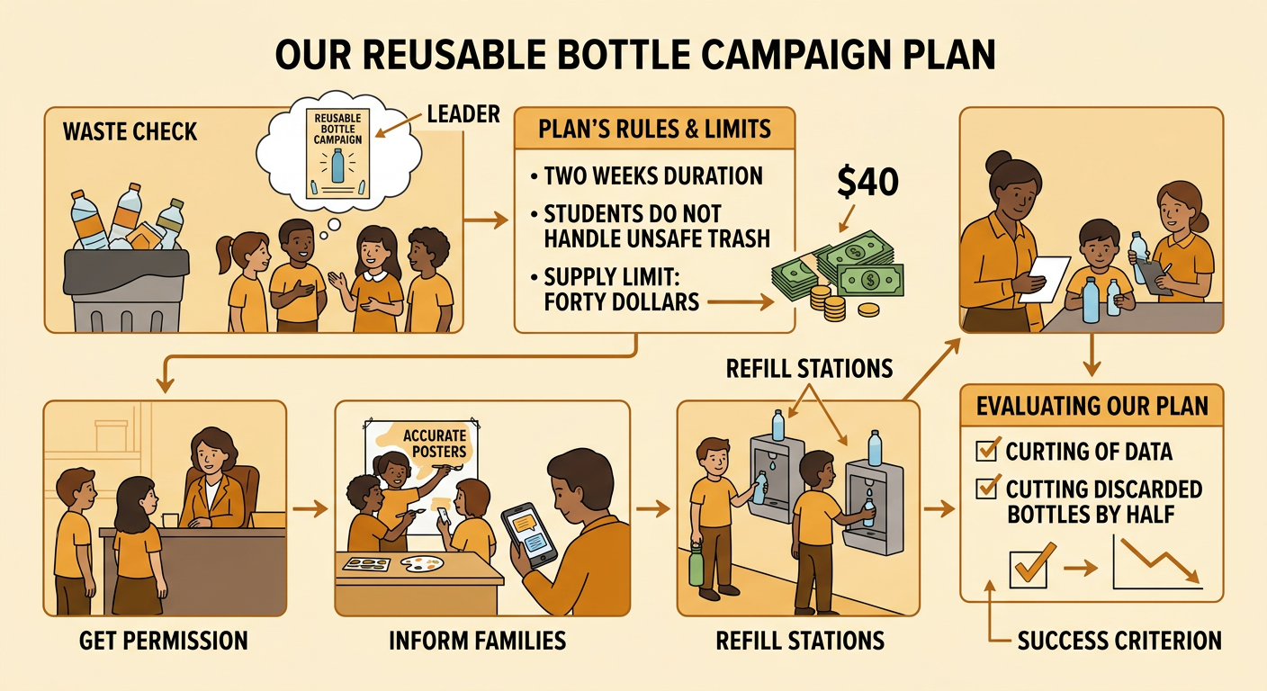 A two-week reusable bottle campaign plan shows its goal, limits, and school actions.