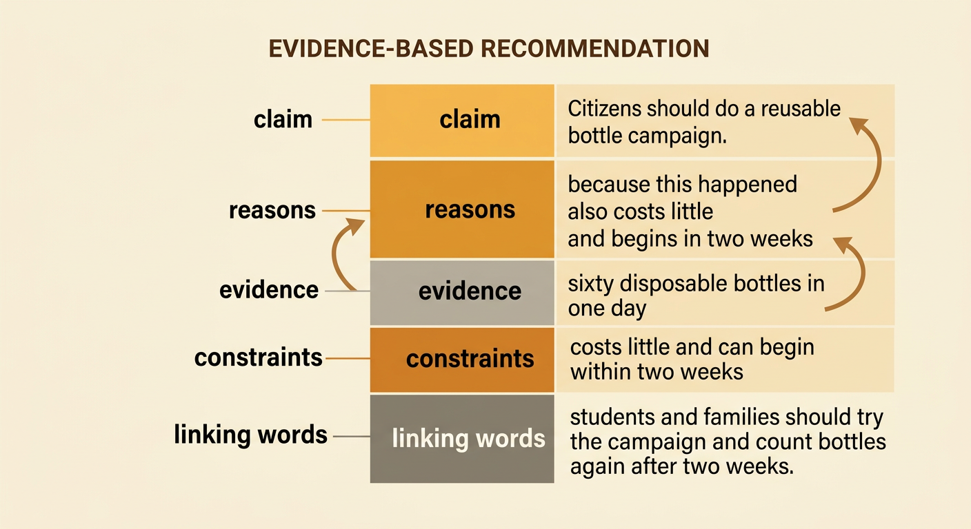 A writing organizer connects a waste-reduction claim to supporting facts and limits.