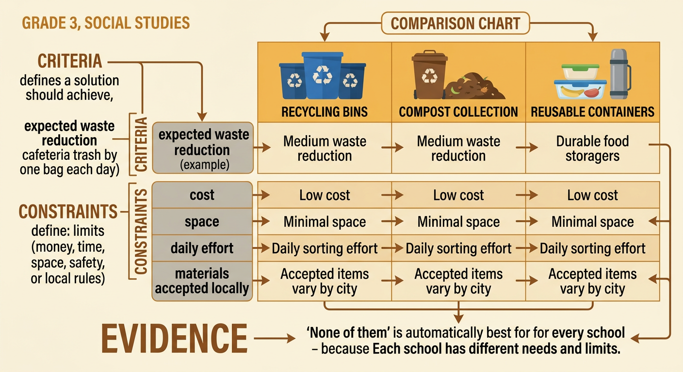 A comparison chart rates three school waste solutions using goals and limits.