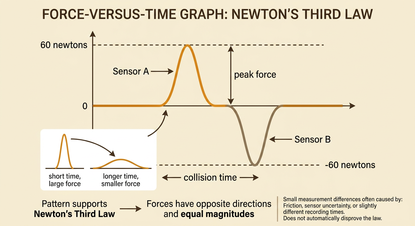 A force-time graph displays opposite sensor curves reaching equal 60-newton peaks during the same collision interval.