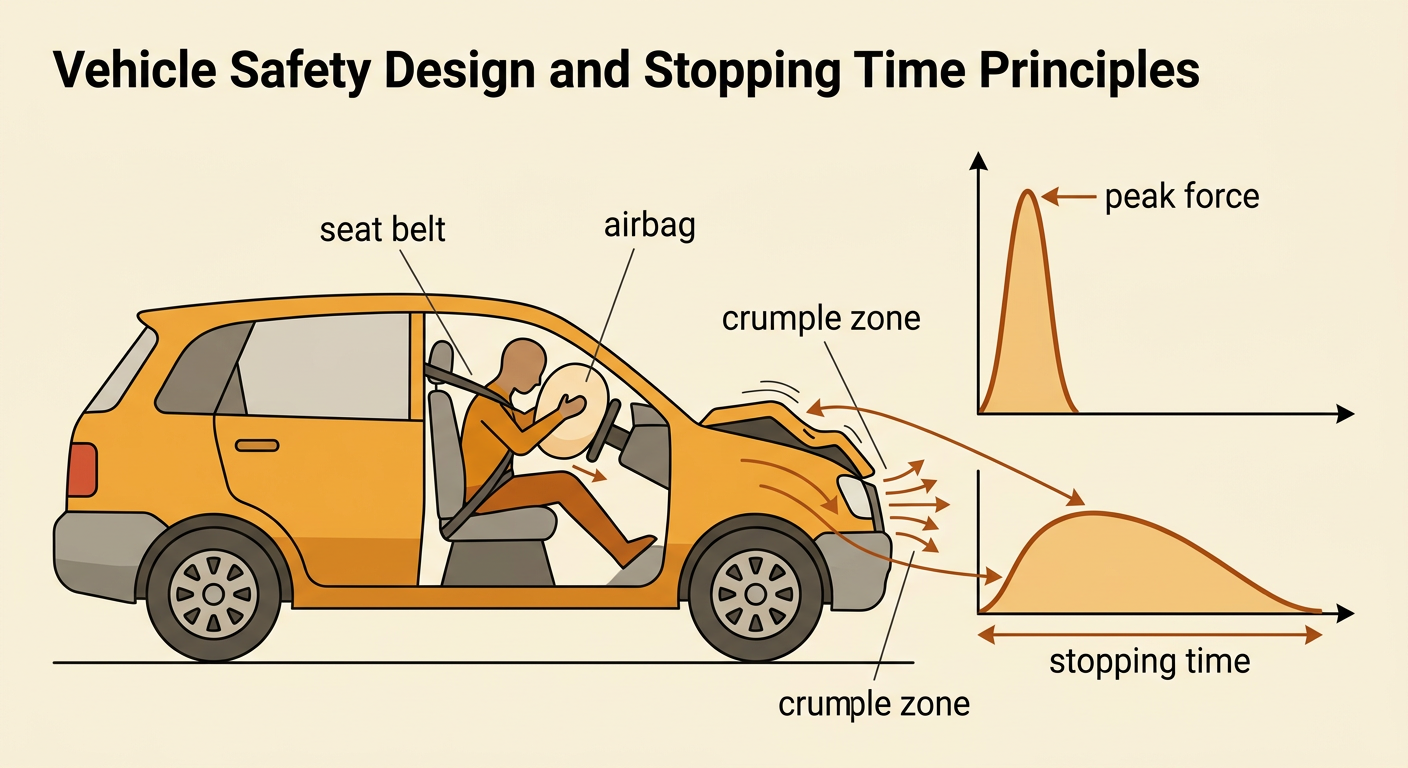 A cutaway vehicle shows a restrained passenger protected by an inflating airbag and a deforming front section.