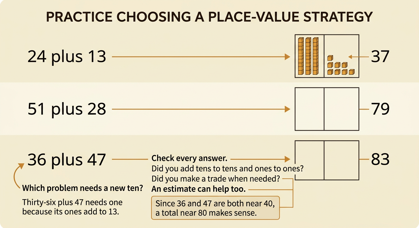 A practice page shows three addition problems solved with place-value break-apart drawings and a new-ten trade.