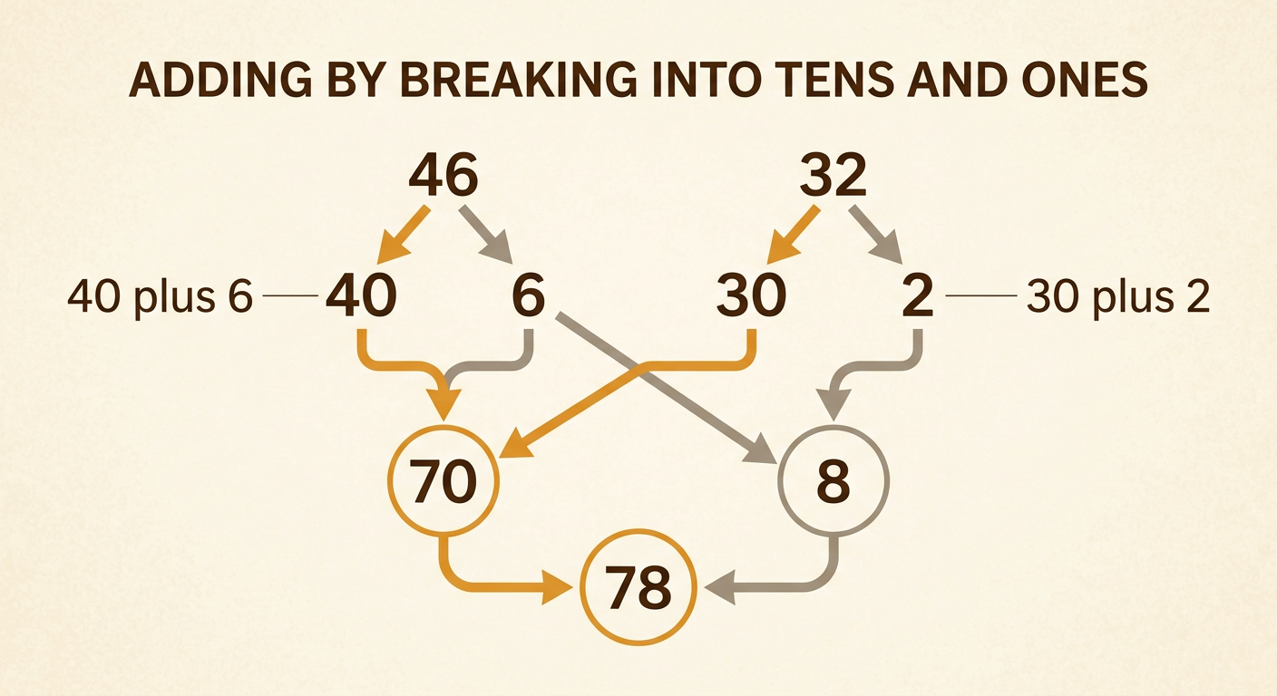 A place-value diagram breaks 46 and 32 into tens and ones, then combines them to make 78.