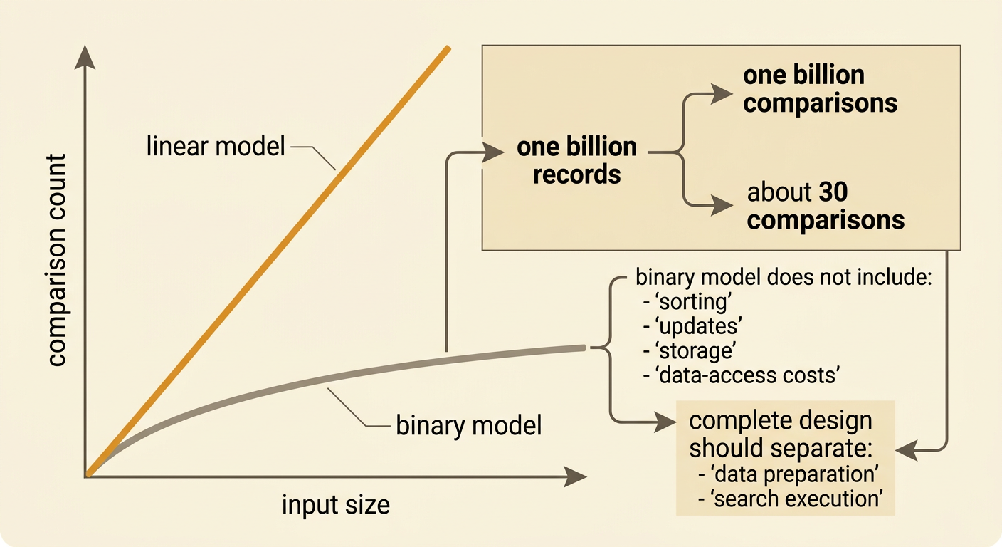 Growth curves compare a steep linear model with a slowly rising binary model up to one billion records.