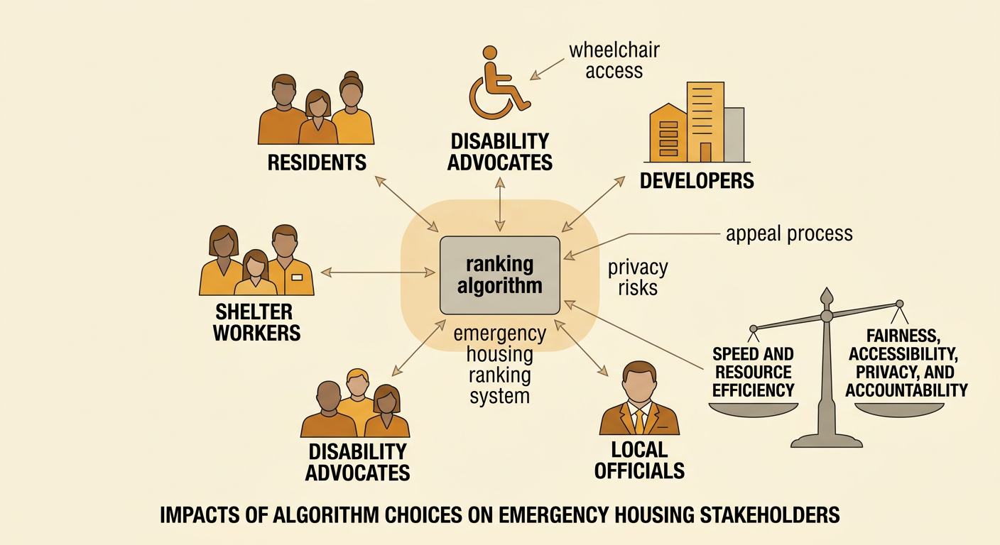 An emergency housing website ranks shelters while considering distance, wheelchair access, and privacy risks.