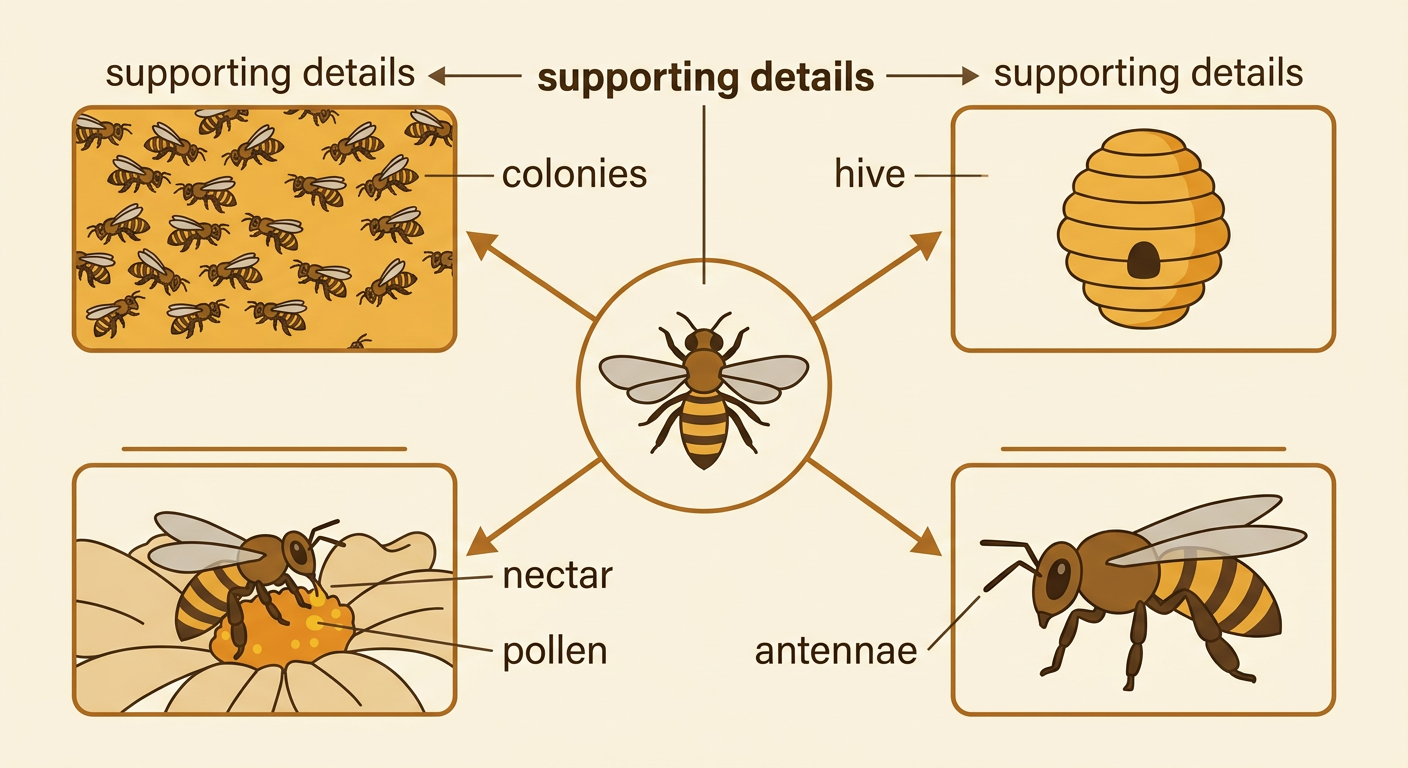 A honeybee main topic is connected to pictures of a colony, a hive, flowers, and body parts.