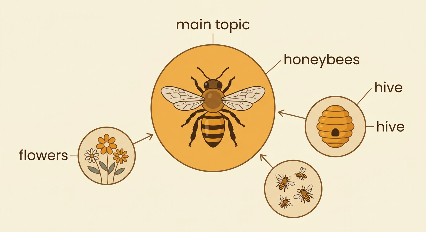 Honeybees fly between flowers and a hive beneath a large main-topic circle.