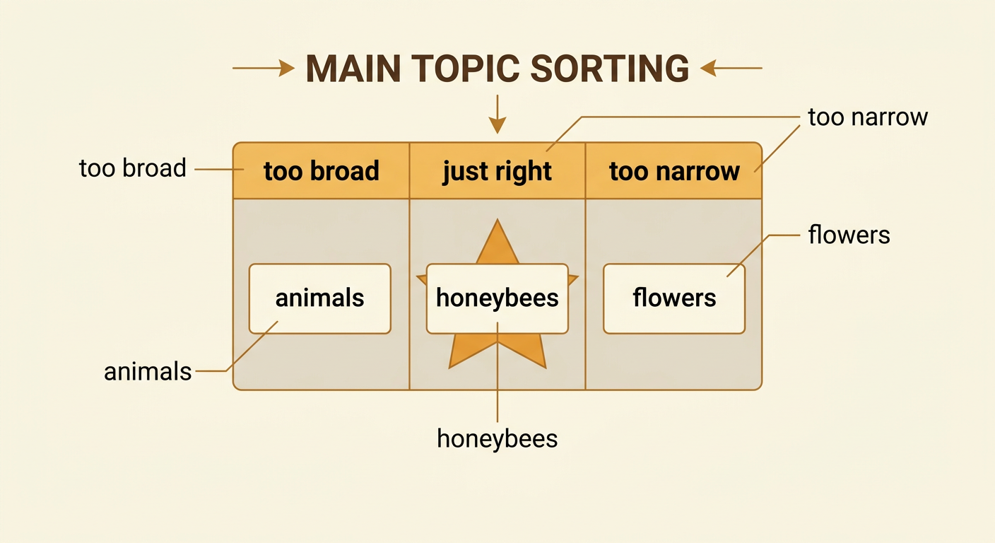 Three topic choices show flowers as too narrow, animals as too broad, and honeybees as just right.