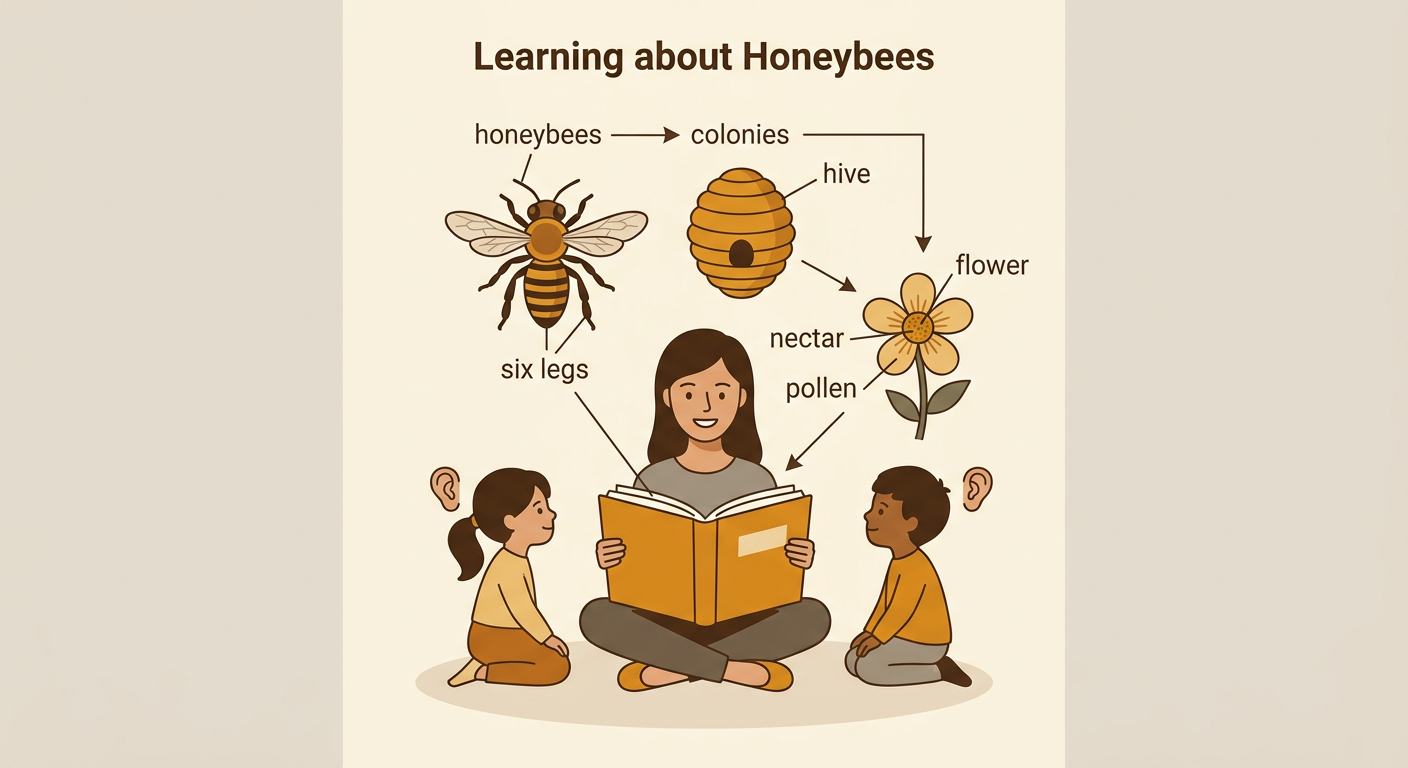 Worker bees with six legs and antennae carry nectar and pollen from flowers to a colony in a hive.