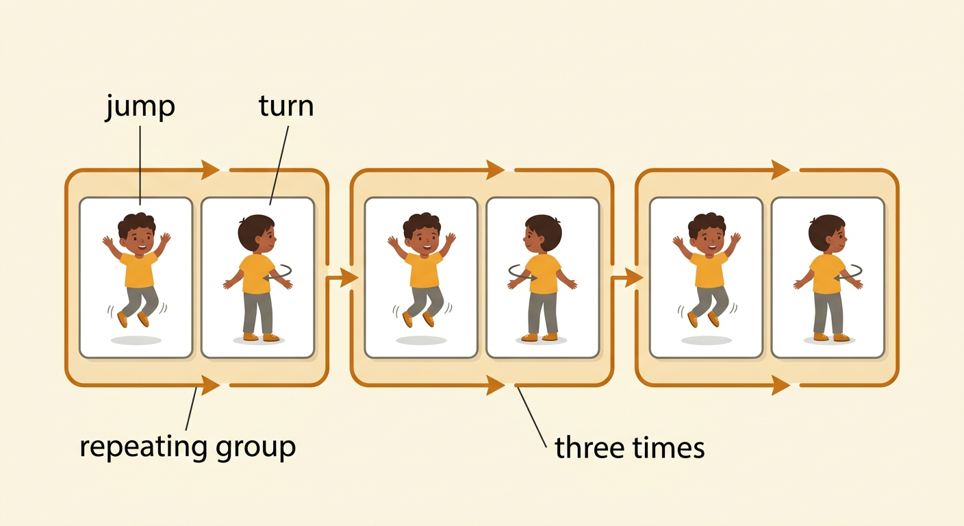 Six action cards show jump and turn three times, with each two-card repeating group outlined.