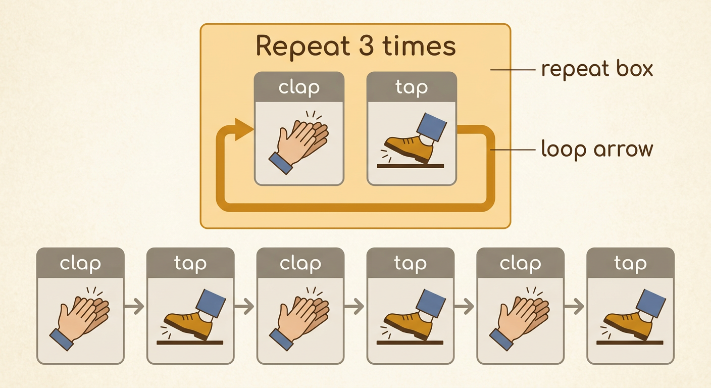 A repeat card contains clap and tap, with a loop arrow showing the two actions repeated three times.