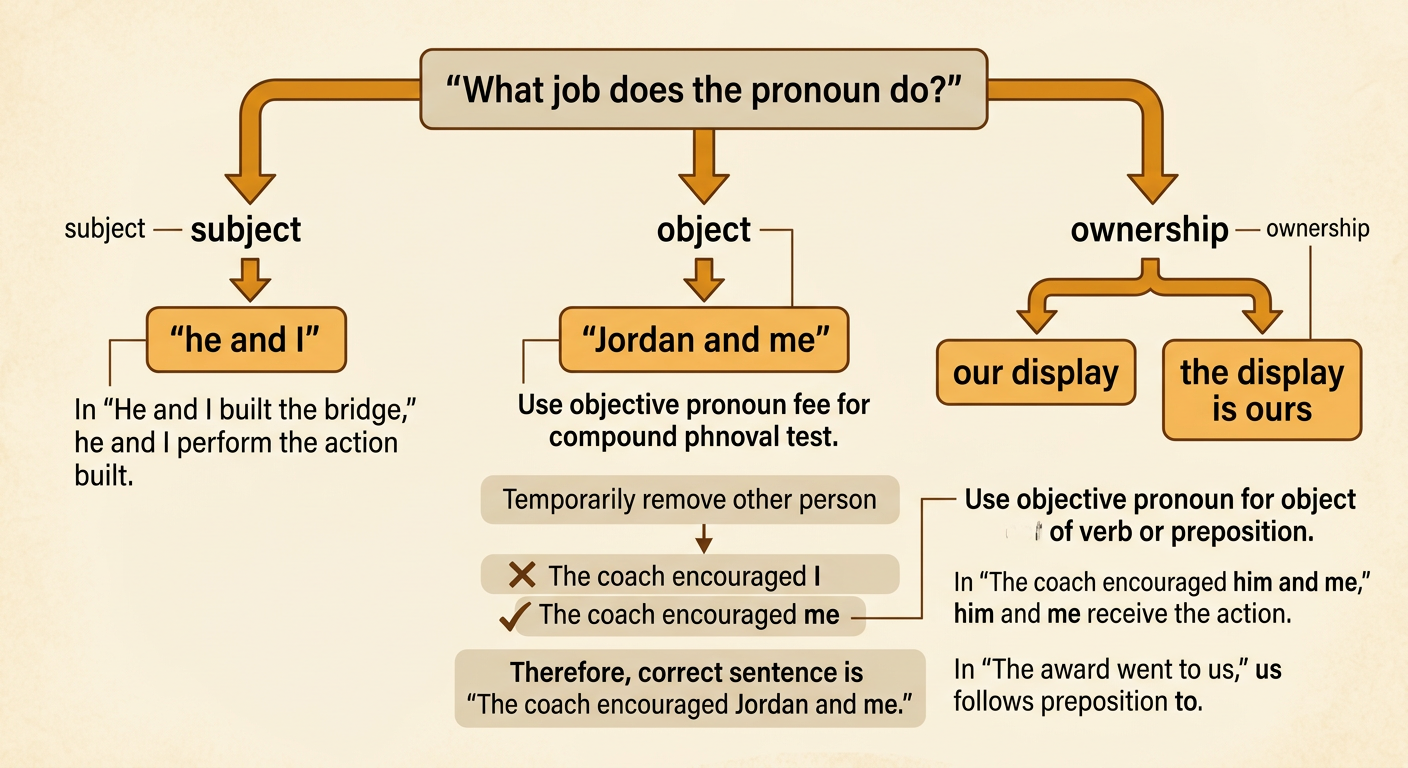 A sentence diagram shows a subject doing an action, an object receiving it, and an owner connected to a display.