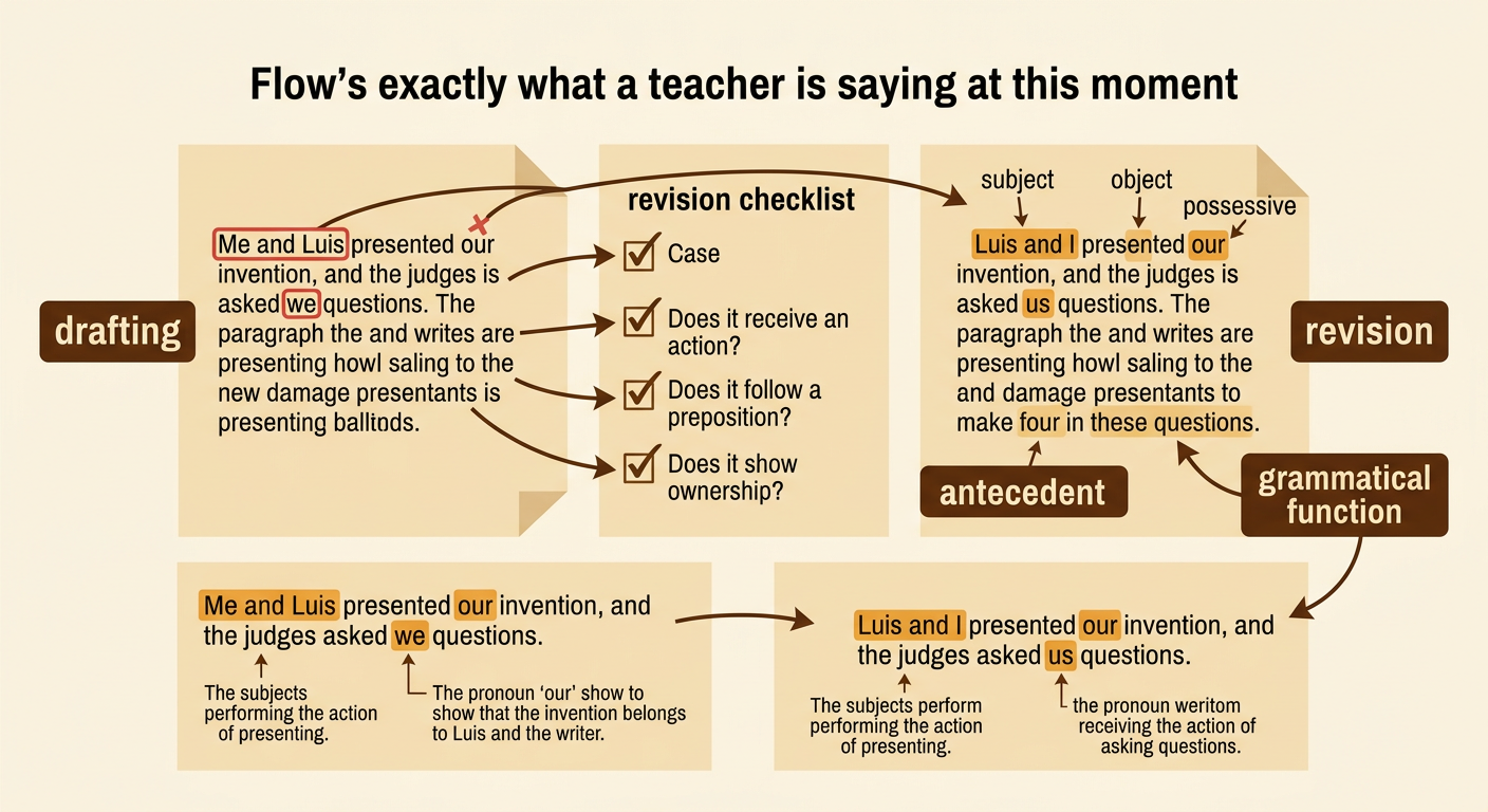 A student’s draft is revised with circles, arrows, and corrections that identify each pronoun’s job.