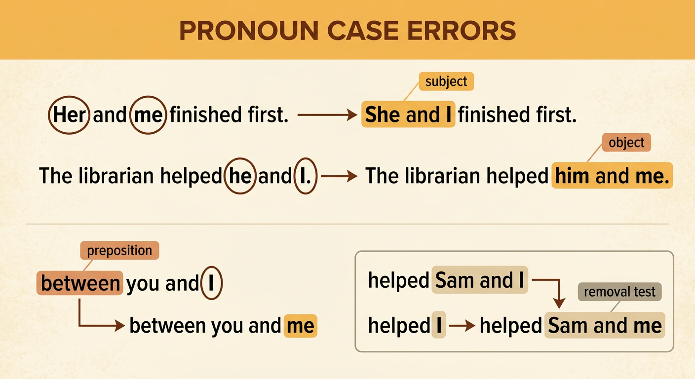 An edited page shows incorrect pronouns crossed out and correct forms written according to subject, object, and preposition roles.