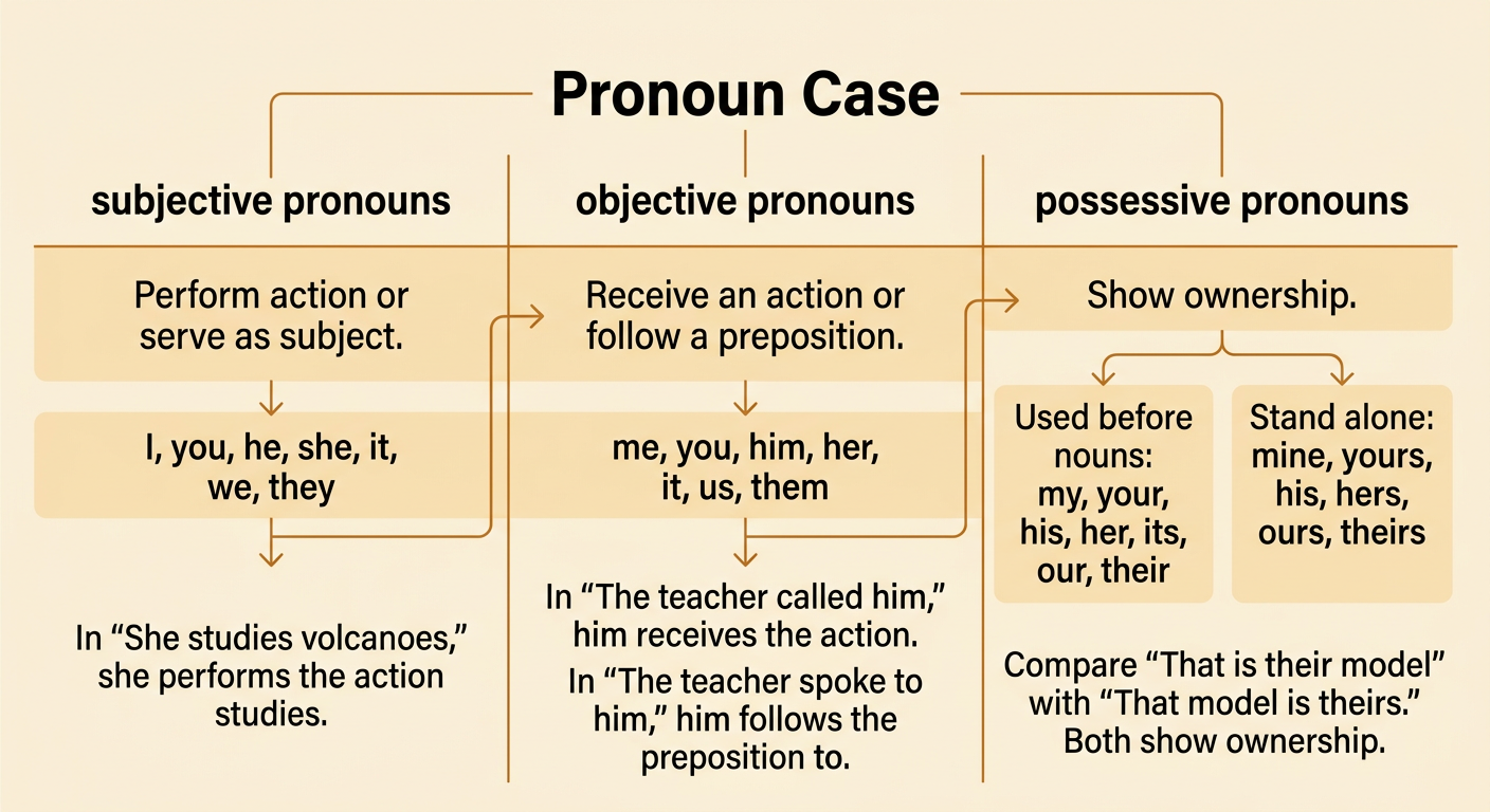 A three-column classroom chart sorts example pronouns by the job each case performs.