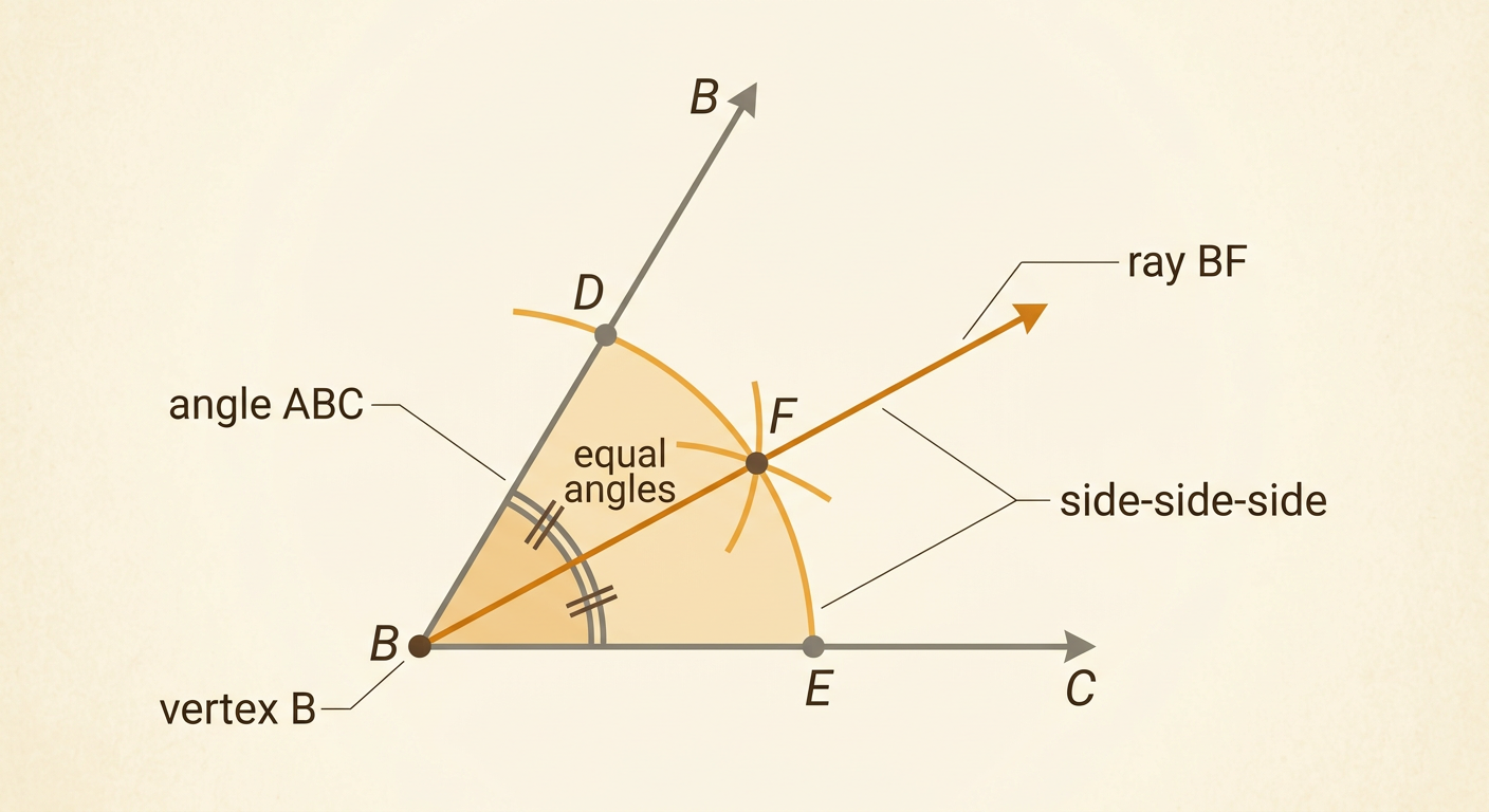 Inside angle ABC, equal arcs meet at F and ray BF divides the angle into two equal angles.
