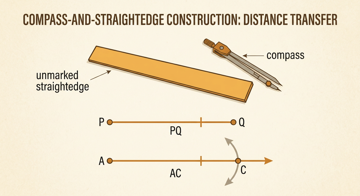 A compass transfers the length of segment PQ from point A to create an equal segment AC, beside an unmarked straightedge.