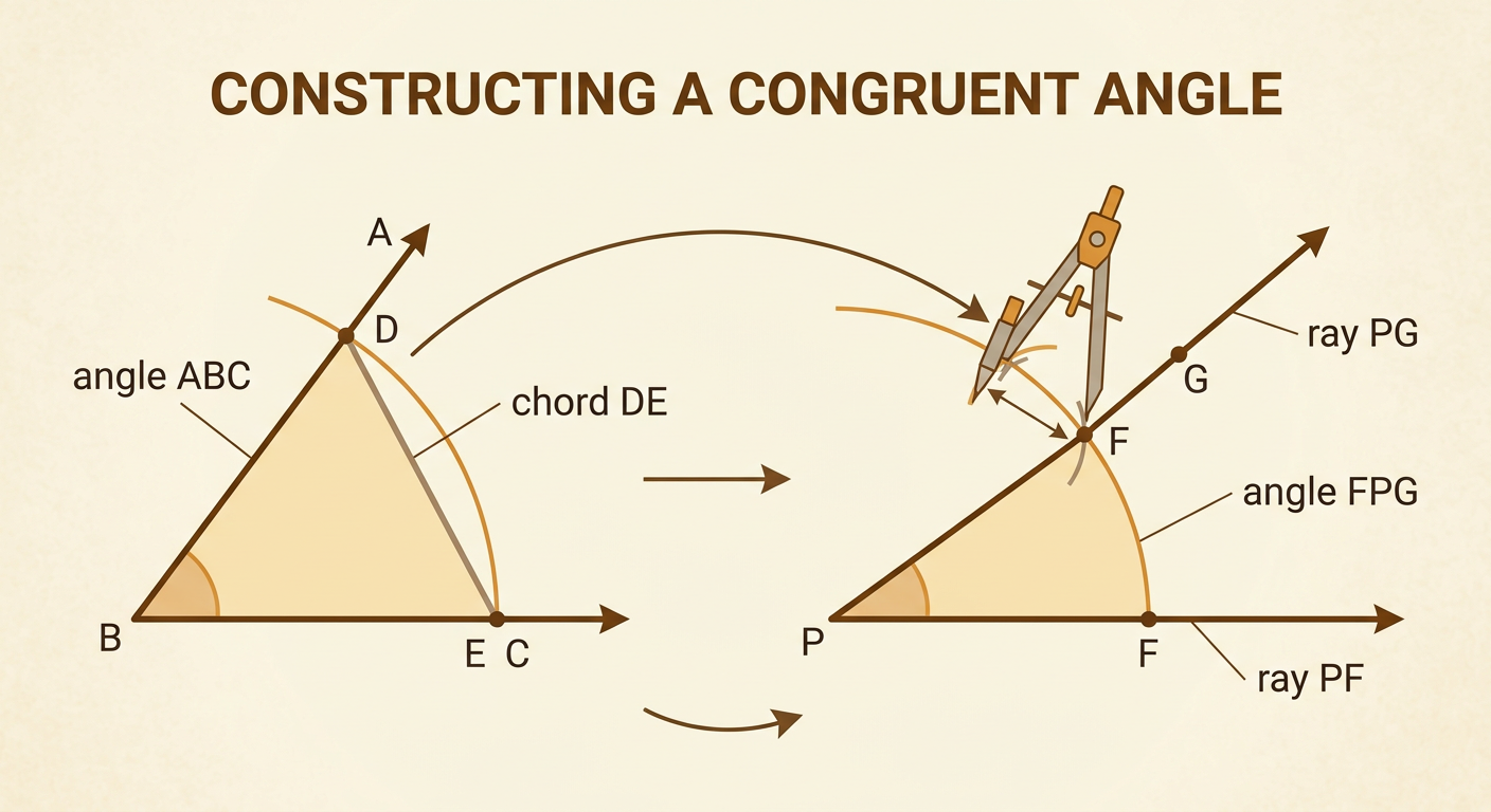 A geometric diagram shows angle ABC being copied at P by transferring chord DE to construct ray PG.