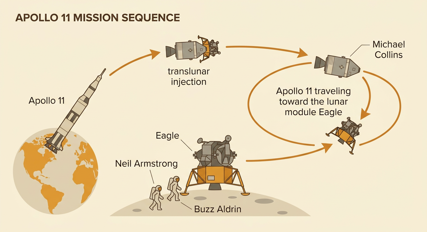 Apollo 11’s lunar module Eagle rests on the Moon as two astronauts explore and one remains in orbit.