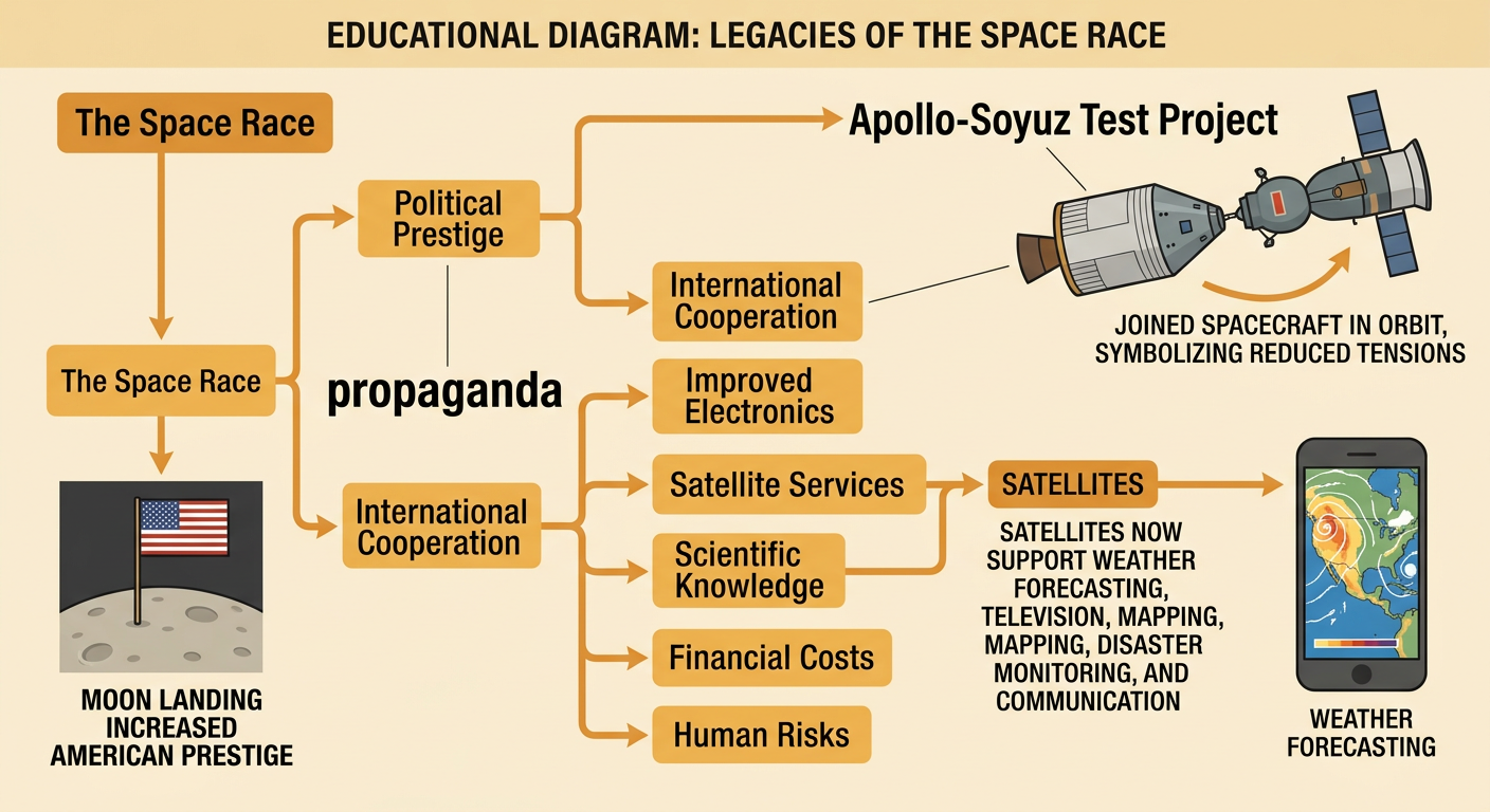 Docked American and Soviet spacecraft appear above modern satellites serving weather forecasting and communication.