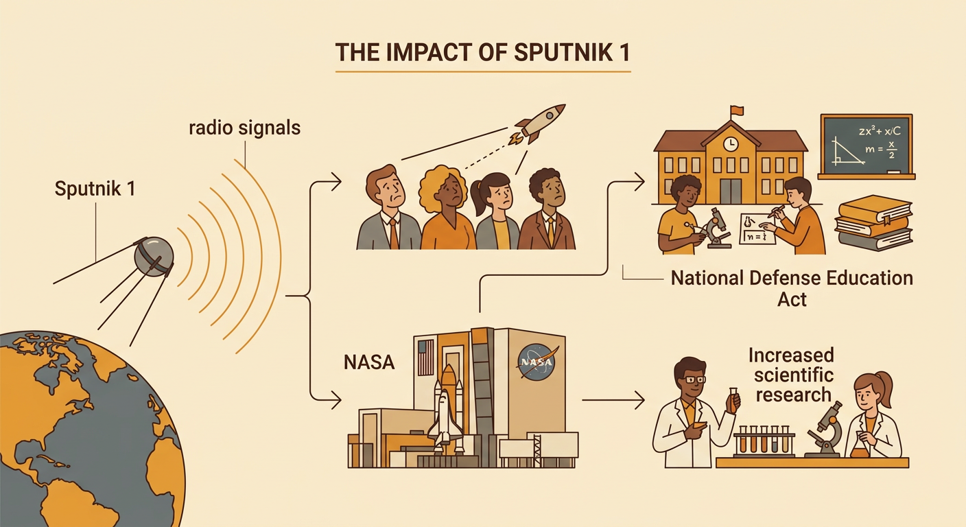Sputnik 1 circles Earth while its radio signals prompt American investment in NASA and education.
