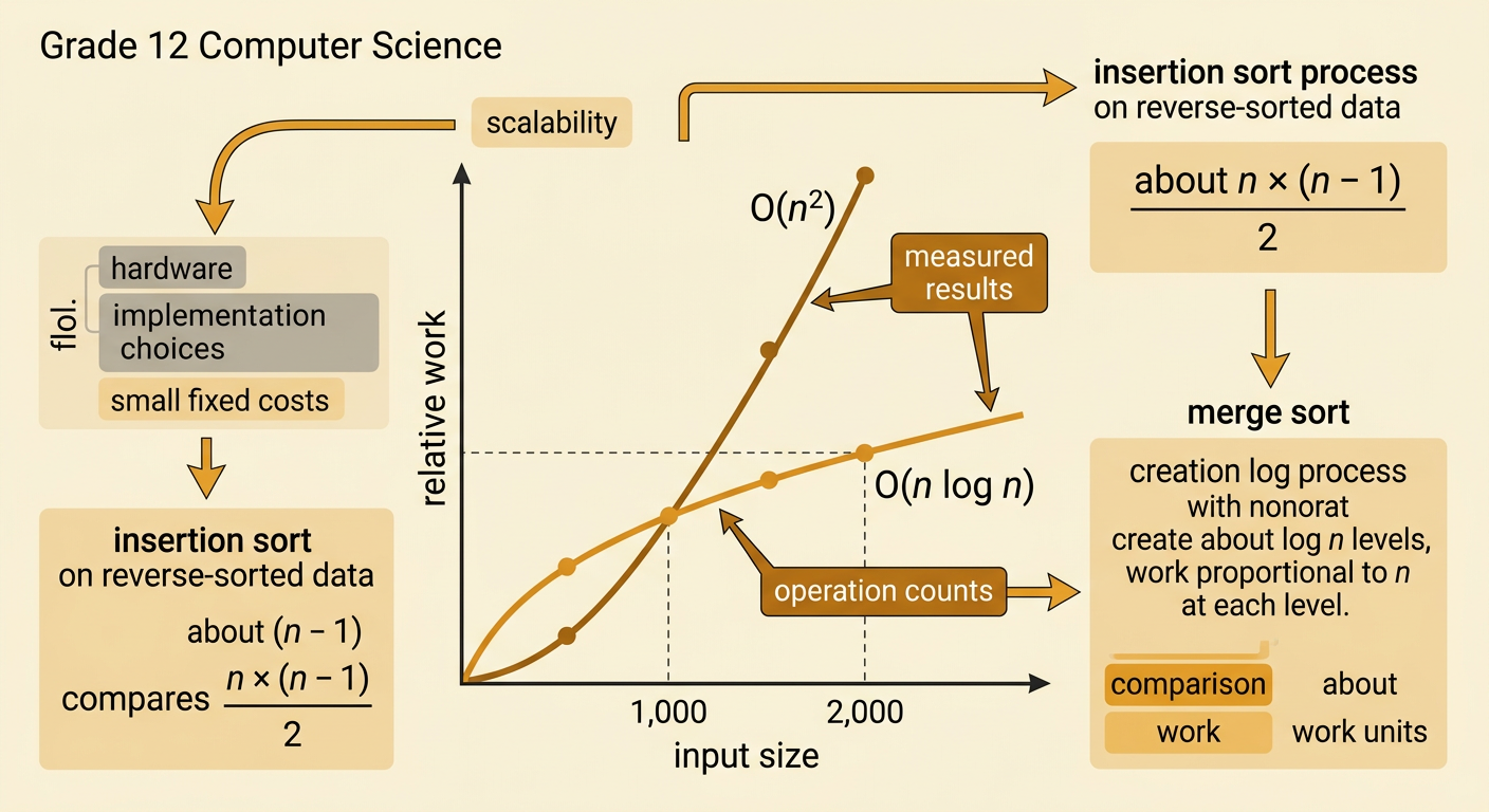 A line graph plots measured results as input doubles, with a steep O(n²) curve and a gentler O(n log n) curve.