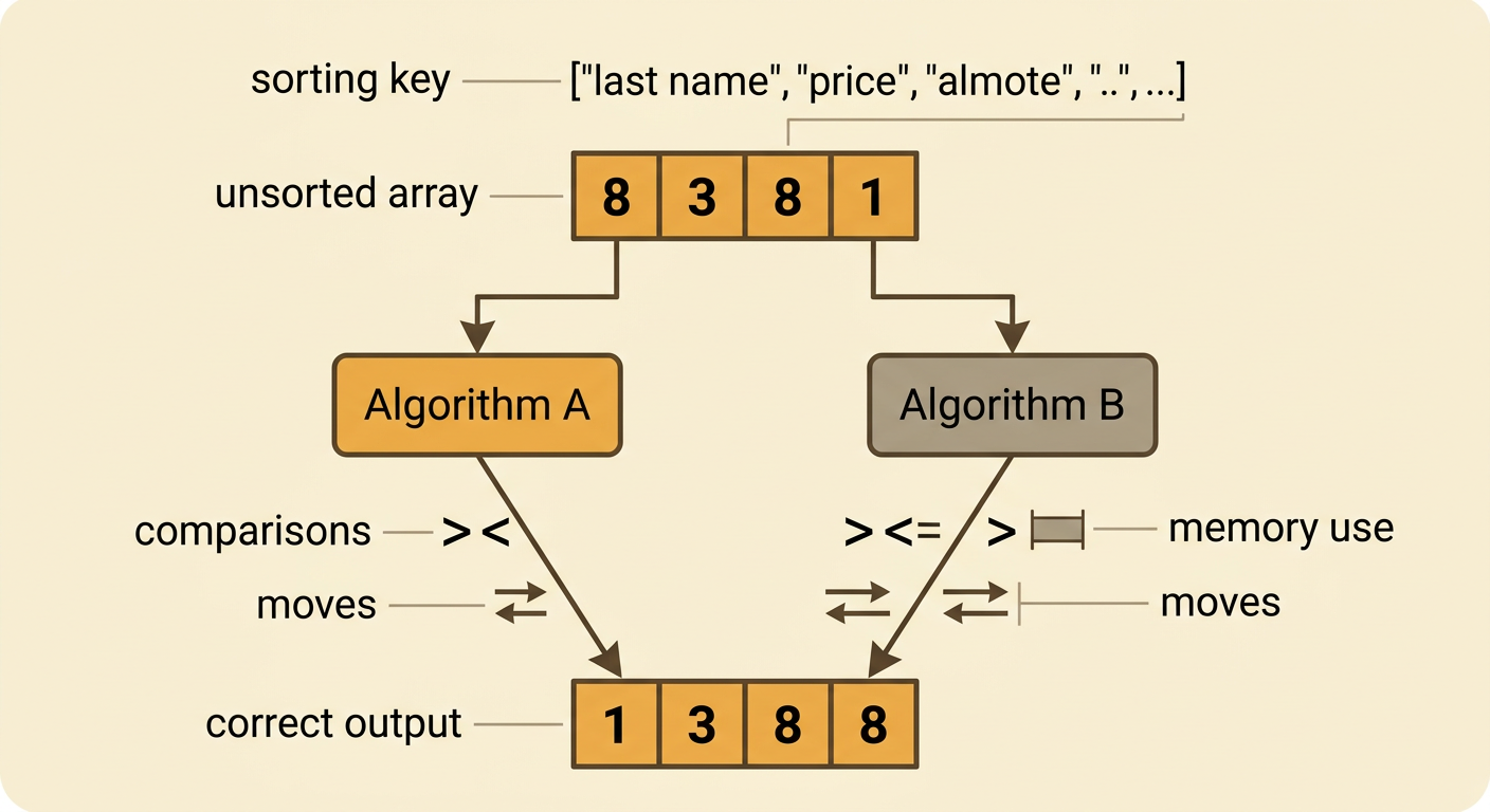 A before-and-after sorting diagram shows the list 8, 3, 8, 1 becoming 1, 3, 8, 8, alongside four efficiency measures.