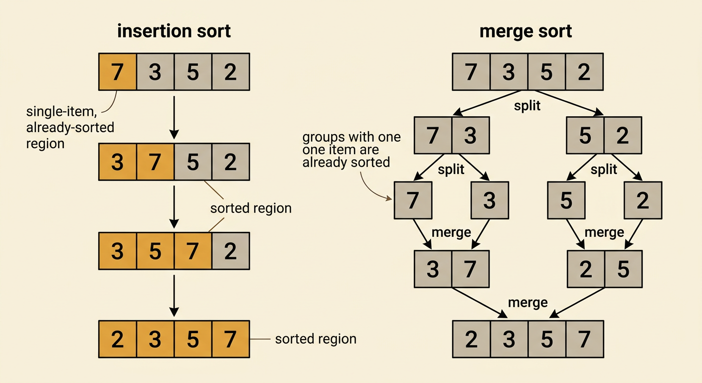 A side-by-side trace shows insertion sort growing a sorted region and merge sort splitting and merging the array 7, 3, 5, 2.