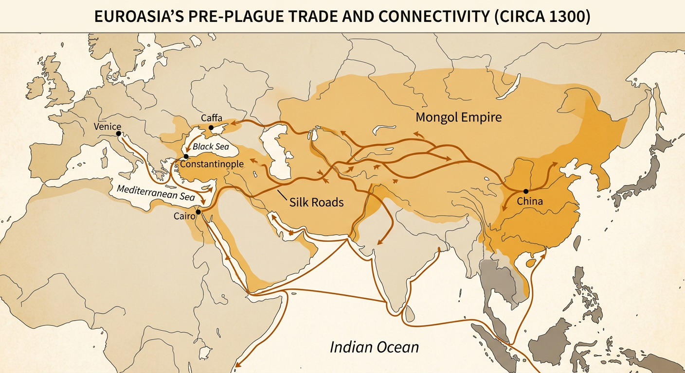 A map of medieval Eurasia shows major land and sea trade networks meeting at the Black Sea port of Caffa.