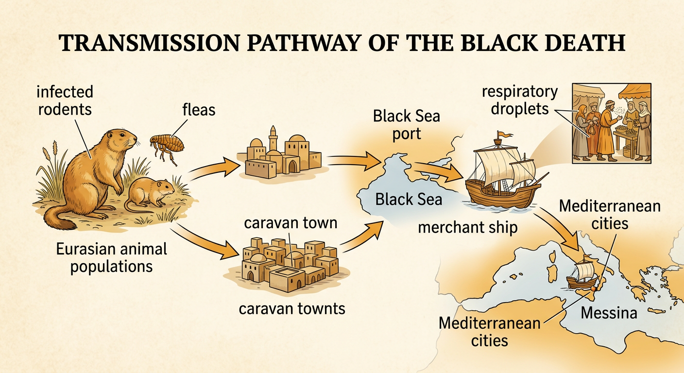 A transmission diagram traces plague from infected rodents and fleas through ships and trade routes to Messina in 1347.
