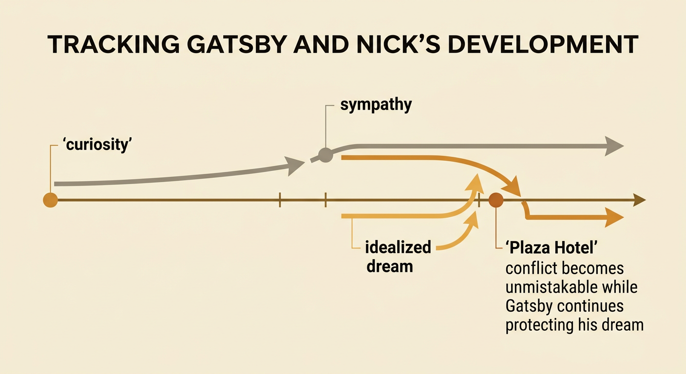 A character timeline traces Nick's changing response to Gatsby and Gatsby's persistent dream through the Plaza Hotel confrontation.