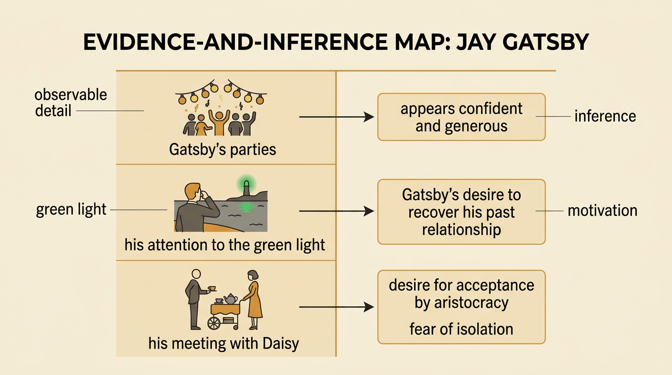 An evidence map shows Gatsby reaching toward the green light, with textual details leading to an interpretation of his motivation.
