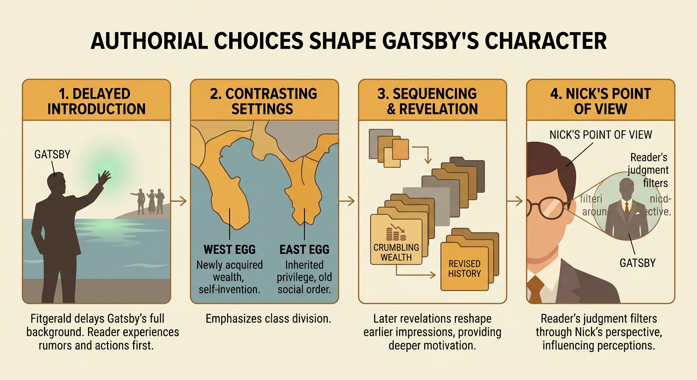 A layered story diagram places the mysterious Gatsby between West Egg and East Egg as Nick observes him from the foreground.