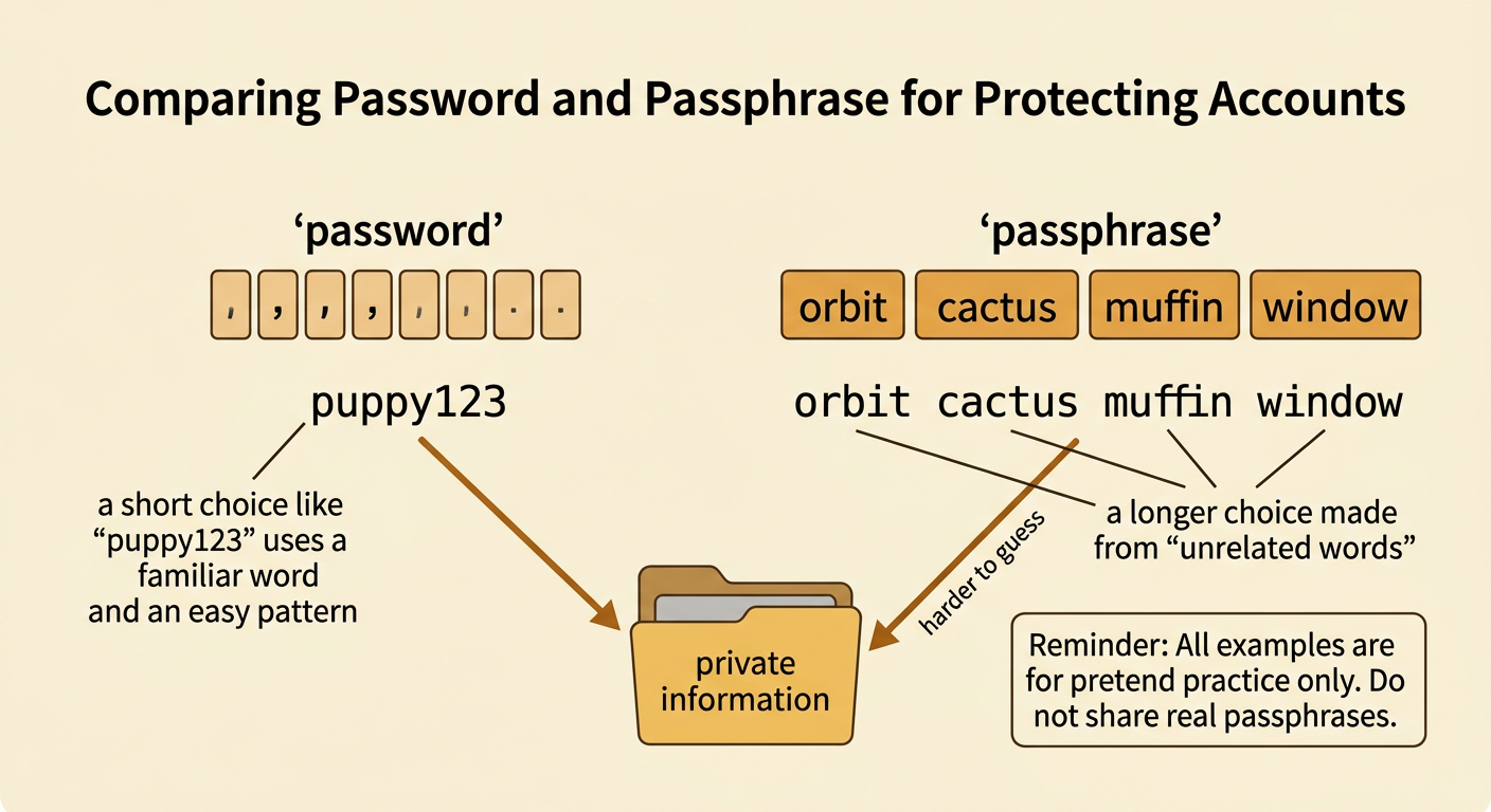 A private information box is protected by a small password lock and a larger passphrase lock made from four unrelated word blocks.