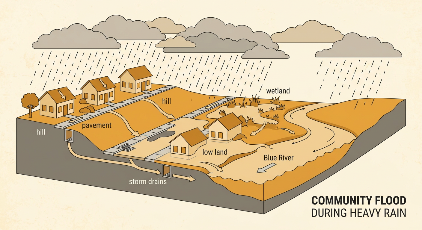 A neighborhood diagram shows rainwater flowing from pavement toward the Blue River and low land, while a wetland slows water near homes on a hill.