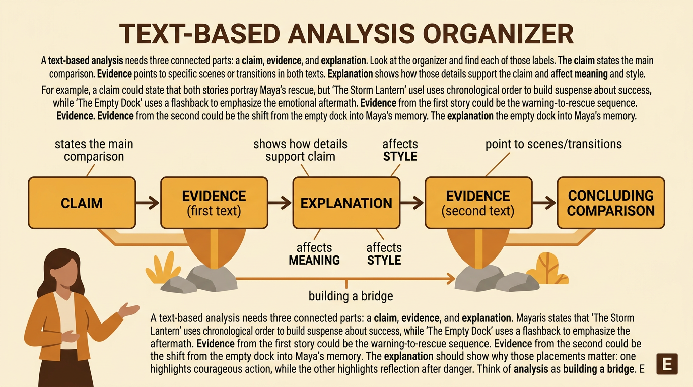 A three-part writing organizer connects a structural comparison to details from both stories and their effects.