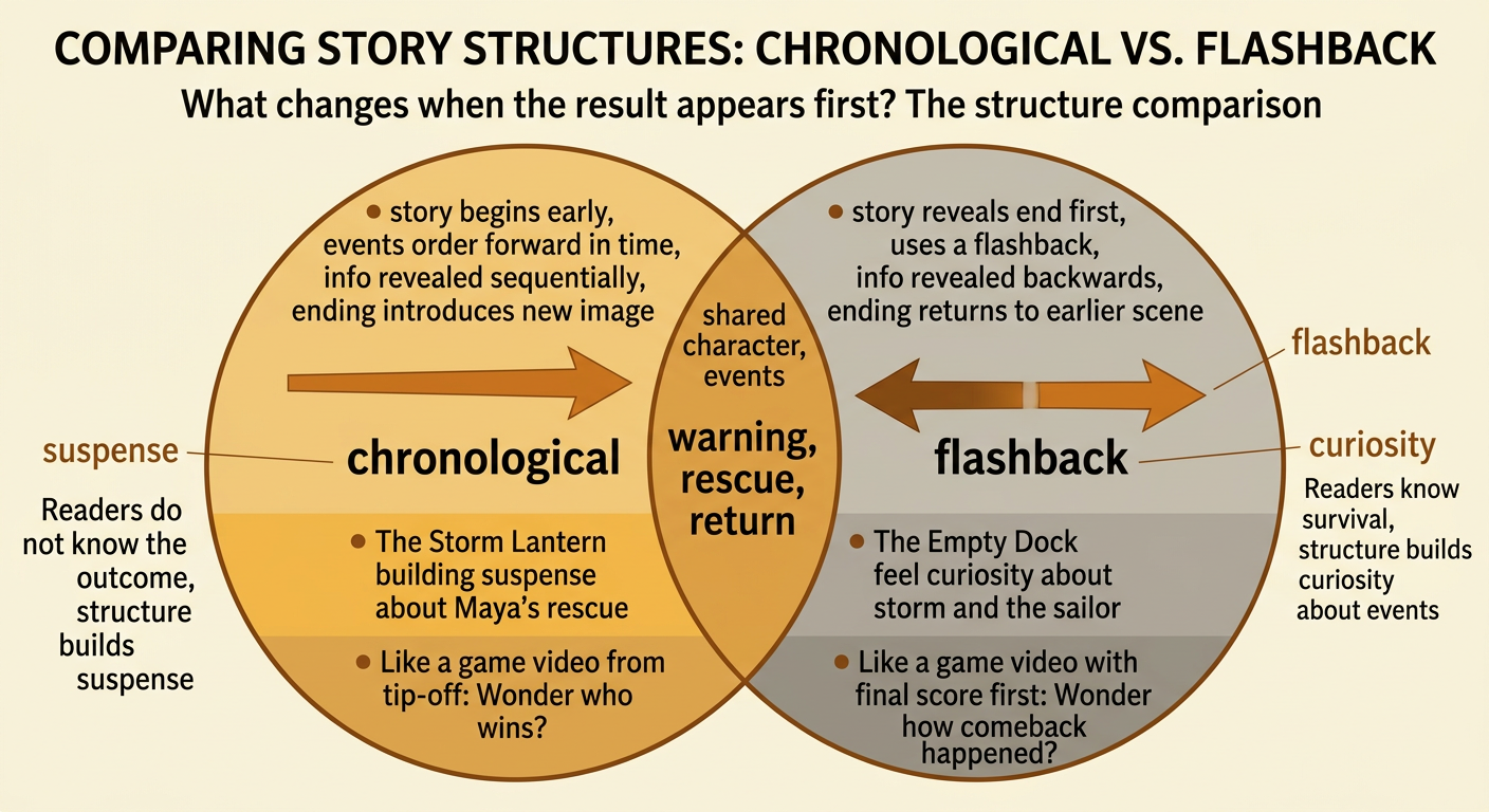 A side-by-side comparison shows shared storm events but different starting points and reader questions.
