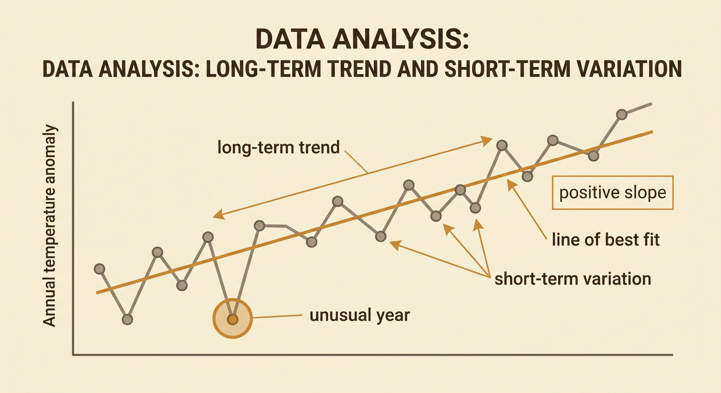 A climate graph highlights an upward fitted line and one unusually low annual point in 1992.