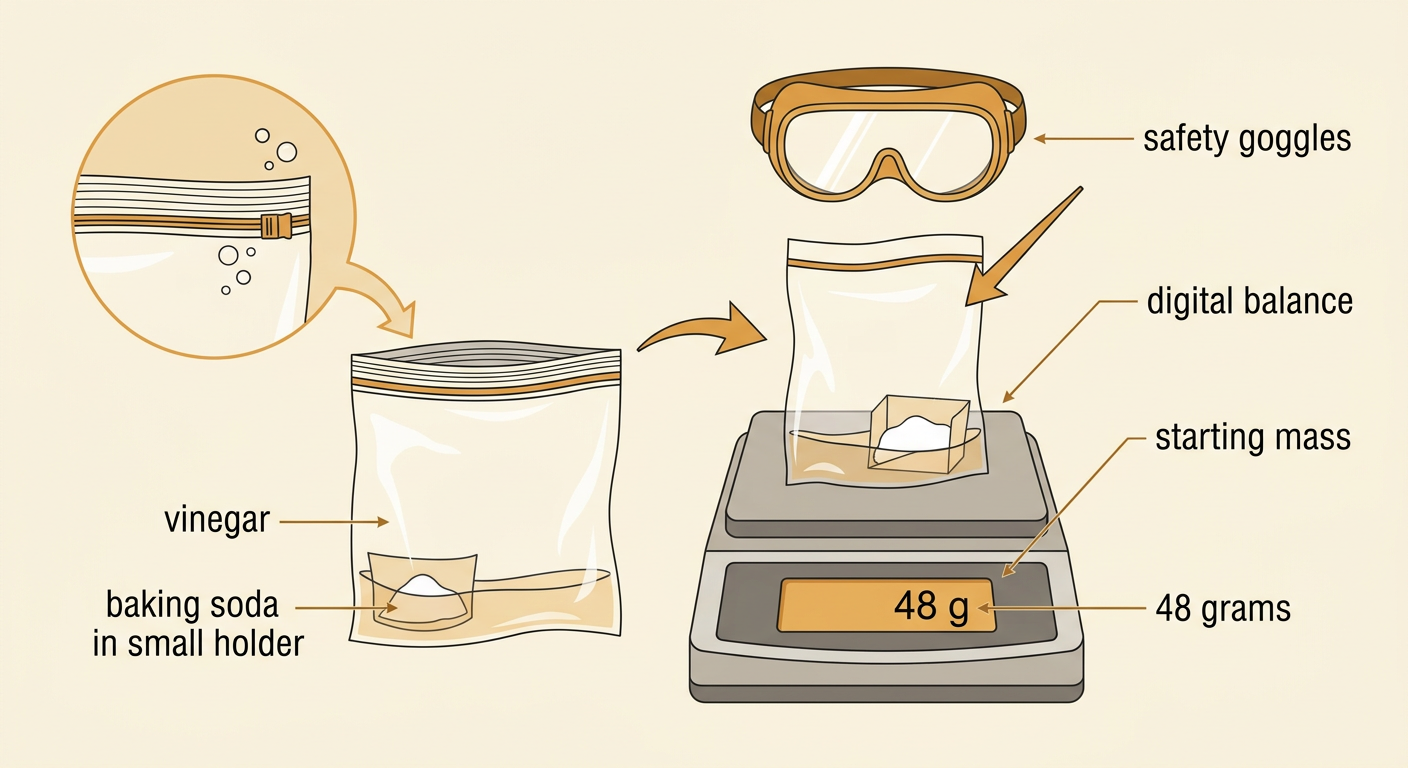 A complete sealed reaction bag rests on a zeroed digital balance while a student wearing safety goggles records the starting mass.
